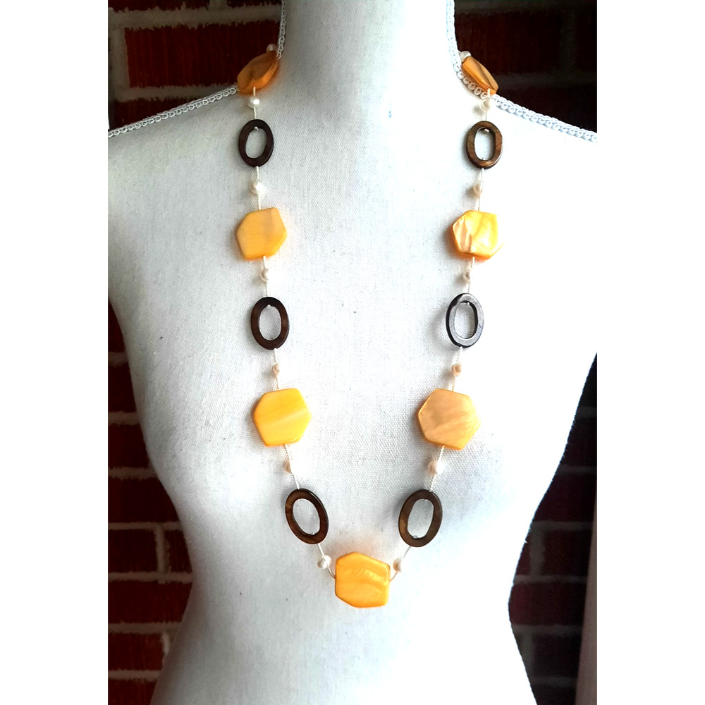 PREMIER DESIGN Genuine Pearls Yellow Shell Brown Station 32" Necklace Retired